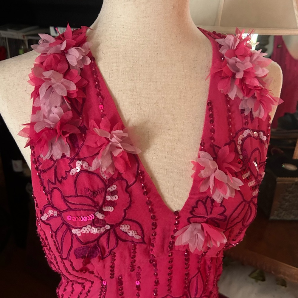 Hot Pink Floral Sequined Prom Gown - Picture 7 of 16